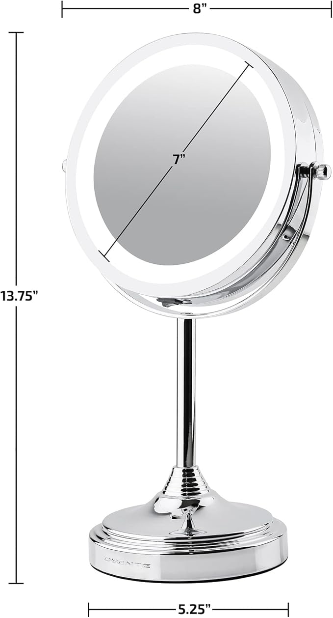 OVENTE 7'' Lighted Tabletop Makeup Mirror, 1X & 7X Magnifier, Spinning Double Sided Round LED, Great for Vanity, Bath, & Bedroom, Battery Powered, Polished Chrome MCT70CH1X7X (Pack of 2)