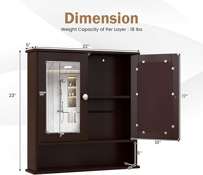 COSTWAY Bathroom Cabinet Wall Mount, Wooden Medicine Cabinet with 2 Mirror Doors, Adjustable Shelf, Open Compartment, for Laundry, Living Room, Kitchen, Brown