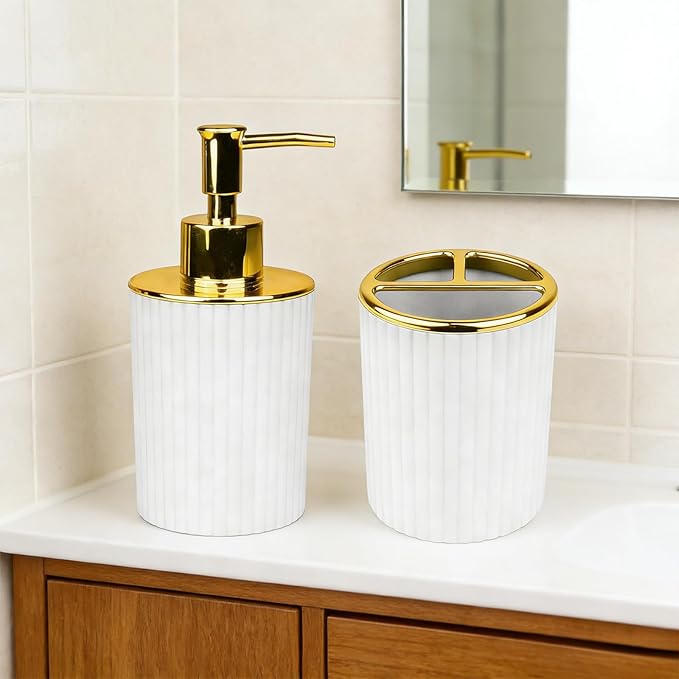 Bathroom Accessories Set, 2-Piece White & Gold Soap Dispenser & Toothbrush Holder, Modern ABS Vanity Organizer for Countertop, Minimalist Bathroom Decor