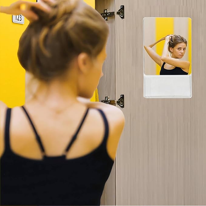 Magnetic Locker Mirror with Fully Magnetic Back, 9.45" x 5.51" Small Real Glass Super Clear Reflection Mirror with Storage Pocket for School Locker Refrigerator Office Cabinet -Grey, 1 Pc