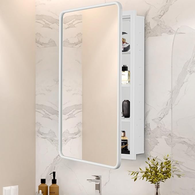 17 x 27 White Bathroom Medicine Cabinet with Mirror Metal Frame Recessed Or Wall Mounted Single Door Storage Medicine Cabinets with Adjustable Shelves Rounded Corner