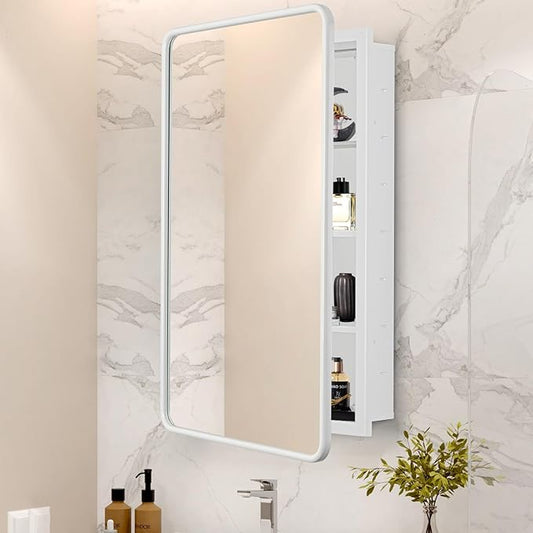 17 x 27 White Bathroom Medicine Cabinet with Mirror Metal Frame Recessed Or Wall Mounted Single Door Storage Medicine Cabinets with Adjustable Shelves Rounded Corner