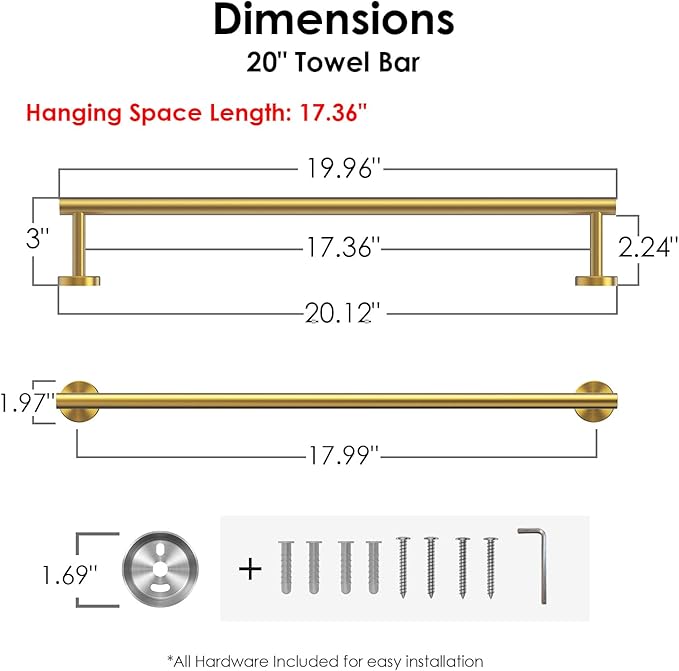 FORIOUS Towel Bar Wall Mounted, Stainless Steel Towel Racks for Bathroom, Includes Wall Mounting Hardware (Brushed Gold, 20 Inch)