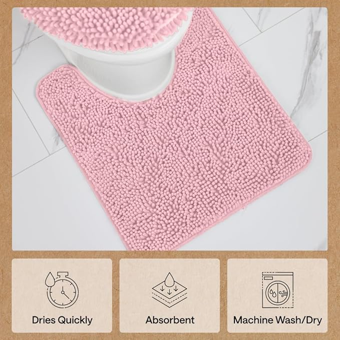 GORILLA GRIP Plush Absorbent Shaggy Chenille Bath Rug Mat for Oval Toilet Base with Rubber Backing, Machine Washable Rugs, Soft Microfiber Contour Mats for Toilets, Bathroom Decor, Lt Pink