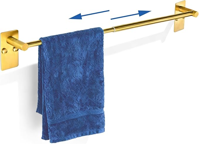 Adhesive Adjustable Towel Bar, HOMOTEK Economical Self Stick Bathroom Towel Holders, Towel Rod Size from 12 Inch to 22 Inch Single Rack Hanger for Kitchen(1 Pack Gold)
