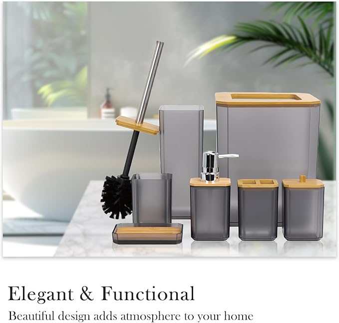 CERBIOR Bathroom Accessories Set 7 Piece Bath Ensemble Includes Soap Dispenser, Toothbrush Holder, Toothbrush Cup, Soap Dish for Decorative Countertop and Housewarming Gift (Gray)
