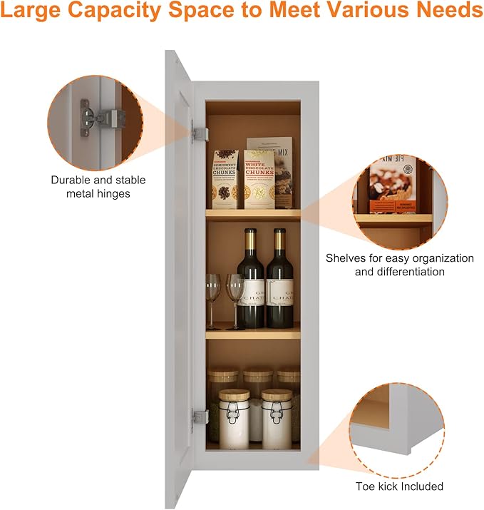 ROOMTEC (Light Gray Wood Wall Cabinet, RTA Single Door Medicine Cabinet with Adjustable Shelves and Soft-Close Door for Kitchen, Bathroom, and Laundry. 12" D*12" W*30" H