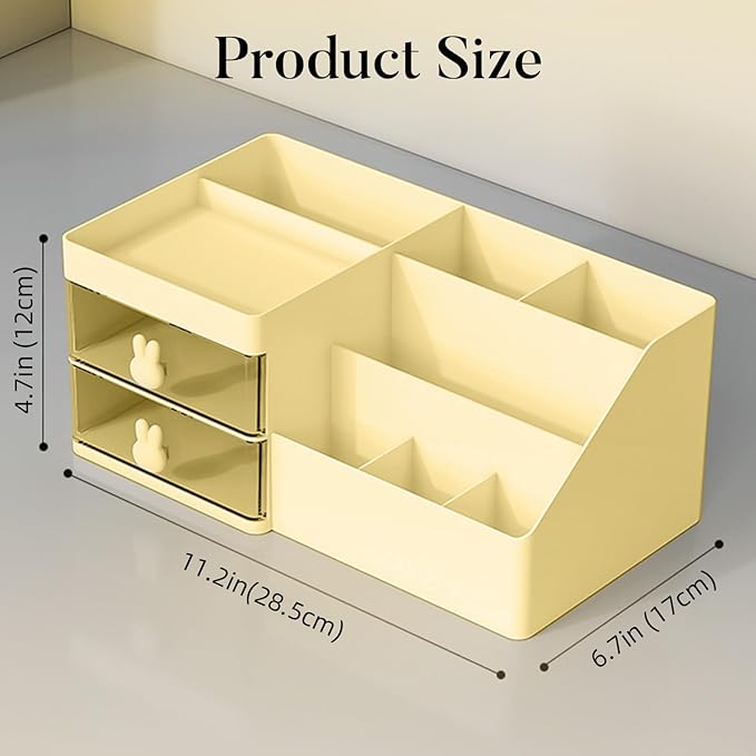 Makeup Organizer, Cosmetic Desk Storage Box with Drawers Skincare Organizers for Dressing Table, Countertop, Bathroom Counter, Vanity Holder for Brushes, Lotions, Lipstick, Perfume (Yellow-Clear)