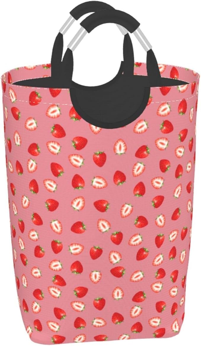Strawberry Laundry Basket Cute Fruits Laundry Hamper Pink Strawberries Collapsible Laundry Baskets with Handle Dirty Clothes Hamper Bag for Dorm Family Bathroom Decor Storage 50L