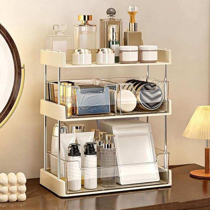 Palmhill 3-Tier Medicine Organizer Medicine Cabinet for Vanity, Bathroom, Bedroom (Beige & Clear)