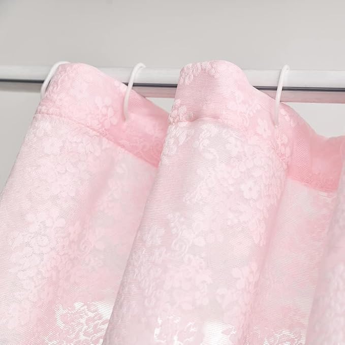 YJ YANJUN Long Girly Shower Curtains for Bathroom 72x84 Romantic Shabby Form Style Floral Lace Shower Curtain with Scalloped Edge Preppy Bath Curtain Fancy Shower Curtain Pink 84 inches Long