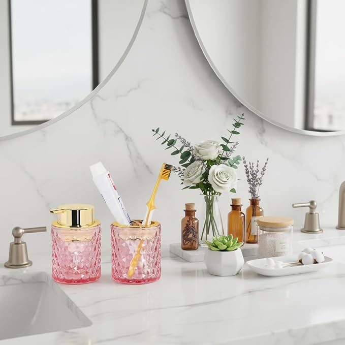 Bathroom Accessories Set 2pcs Glass Foaming Soap Dispenser and Toothbrush Holder for Bathroom Countertop, Pink Glass Bathroom Assessory Set with Gold Decor