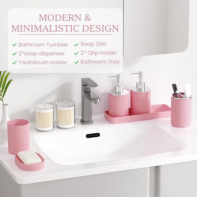 Light Pink Bathroom Accessories Set, 10PC Bathroom Set, Bath Accessory with Pop Up Trash Can, Soap Dispenser, Toilet Brush, Toothbrush Set Qtip Holders & Tray