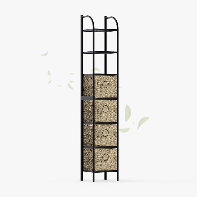 Zhongma Bathroom Storage Tower, 7-Tier Narrow Bookcase w/Baskets, Multifunctional Corner Shelving Unit for Living Room Bedroom
