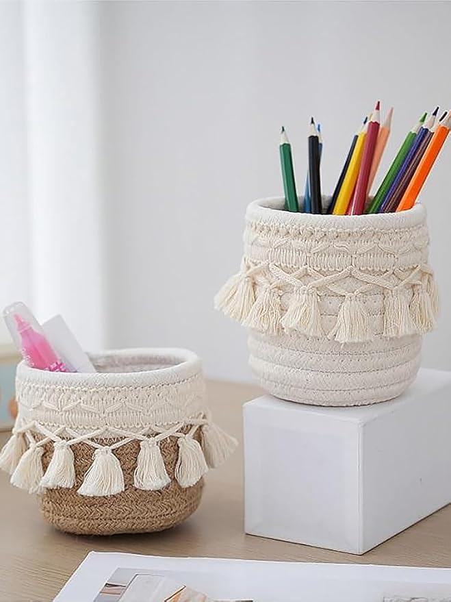 MSUIINT Macrame Makeup Brush Holder Organizer, Brushes Mini Storage Basket, Hand Woven Cotton Rope Basket, Boho Decor Baskets for Comb Cosmetics Pen Pencil Container (B)