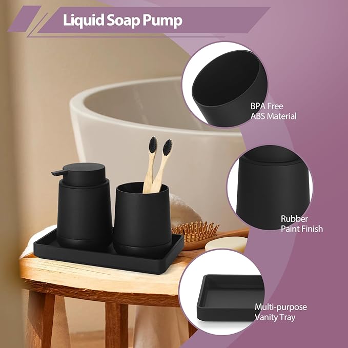 GAHEFY Black Bathroom Countertop Accessories Set - Soap Dispenser and Toothbrush Holder with Silicone Boot,Vanity Tray (Black Liquid)