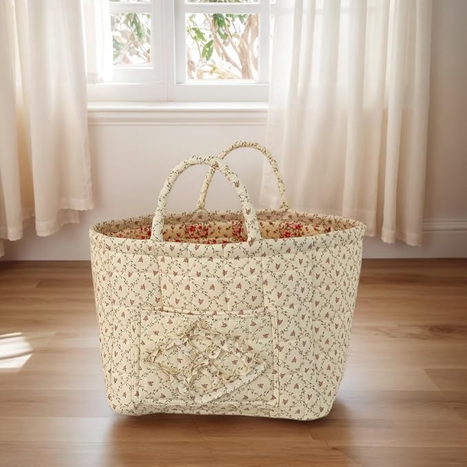 Quilted Fabric Storage Basket Boho Floral Laundry Baskets with Handles Collapsible Quilted Soft Basket for Car, Clothes, Toys Storage