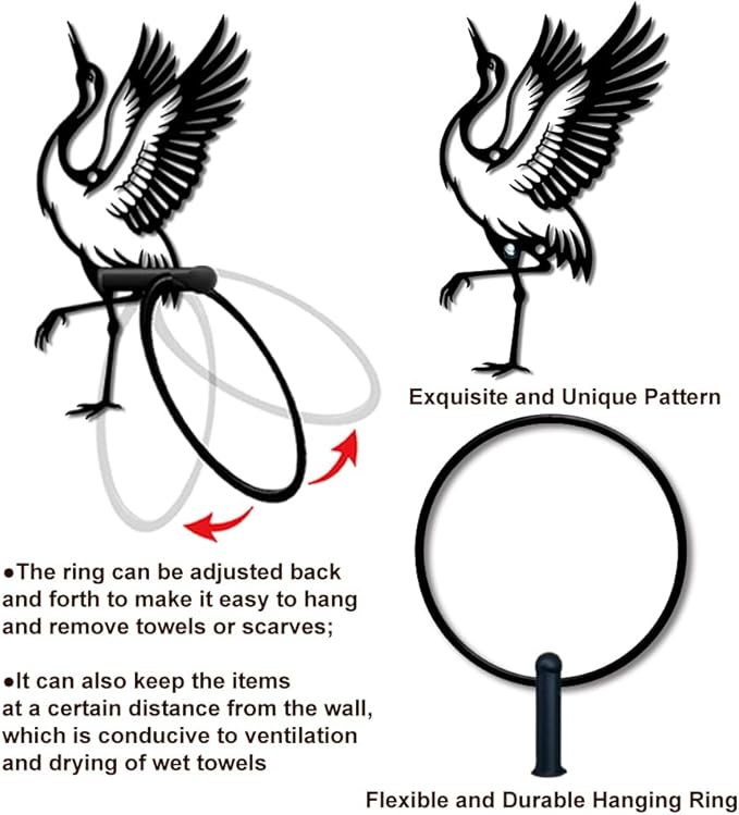 MAYJOYDIY Red-Crowned Crane Metal Towel Ring Round Animal Hand Towel Holder Ring Hanger Wall Mount Black Vintage Towels Wall Organizer for Kitchen Bath Home Laundry Room Decors Gifts