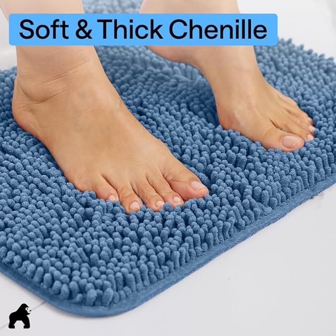 GORILLA GRIP Bath Rug Mat 48x17, Thick Soft Absorbent Chenille, Quick Dry Microfiber Mats, Rubber Backing Washable Shower Floor Rugs, Bathmat Runner, US Designed Bathroom Home Decor Accessories Blue