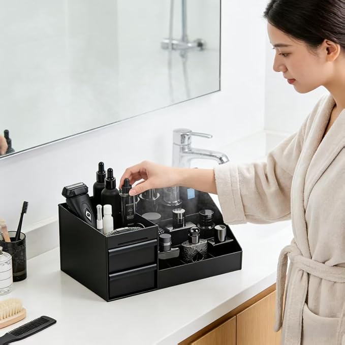 Men's Cologne Organizer, Black Acrylic Perfume Display Tray with Drawers, Bathroom Counter Storage
