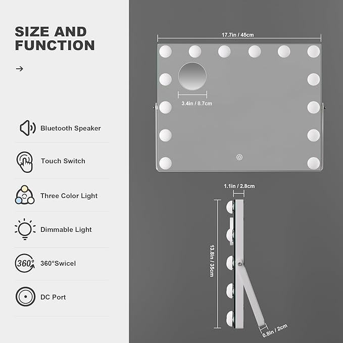 Hasipu Vanity Mirror with Lights and Bluetooth Speaker, 17.7" x 13.8" Hollywood Mirror, Makeup Mirror with 14 Dimmable Bulbs and 10X Magnification, 3 Colors Modes, 360° Rotation, White