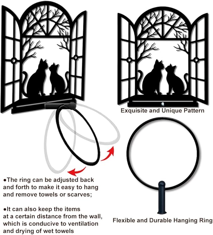 MAYJOYDIY Cat Shape Metal Towel Ring Round Window Cat Hand Towel Holder Ring Hanger Black Vintage Towels Wall Organizer for Kitchen Bath Home Laundry Room Decors Gifts