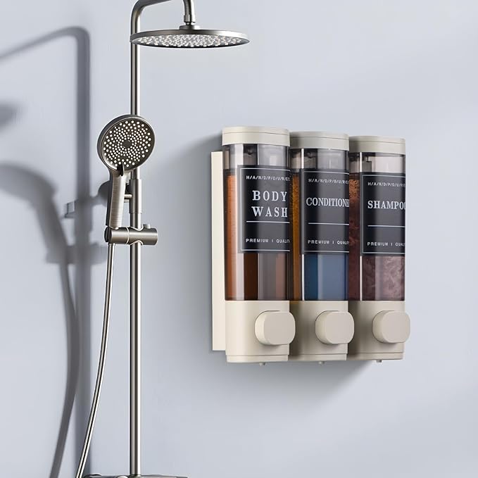 Shampoo and Conditioner Dispenser,Shower Dispenser 3 Chamber No Drilled Shampoo Dispenser for Shower Wall Mounted Body Wash for Bathroom Kitchen Hotel Large Capacity,Light Gray