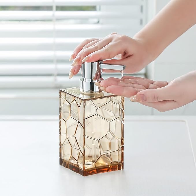Clear Acrylic Bathroom Accessories Set - Rust-Free, Transparent Design - Includes Soap Dispenser, Toothbrush Holder, Cup, Soap Dish, and Toilet Brush 5-Piece (Brown)