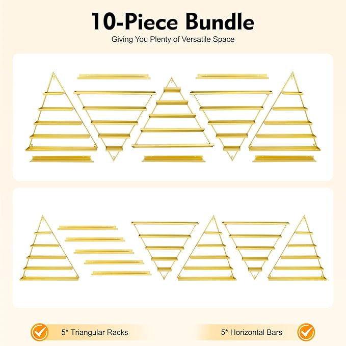 10PCS Nail Polish Racks, 5 Tiers Triangular Nail Polish Racks, Nail Polish Shelf for Wall Cosmetics Display Racks for Perfume Lipstick Essential Oil Organize for Salons Beauty Shops (Gold)