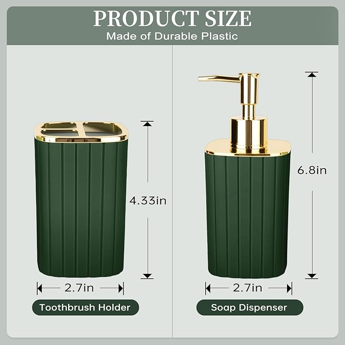 2PCS Bathroom Accessories Set, Dark Green Bathroom Accessories Include Soap Dispenser and Toothbrush Holder for Boho Bathroom Decor