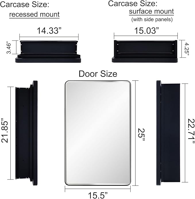 IDYLLOR Lighted Bathroom Medicine Cabinet with Round Corner Framed Mirror Door 15 x 25 inch, Left Hand Opening, Recessed or Surface Mount, with Adjustable Glass Shelves