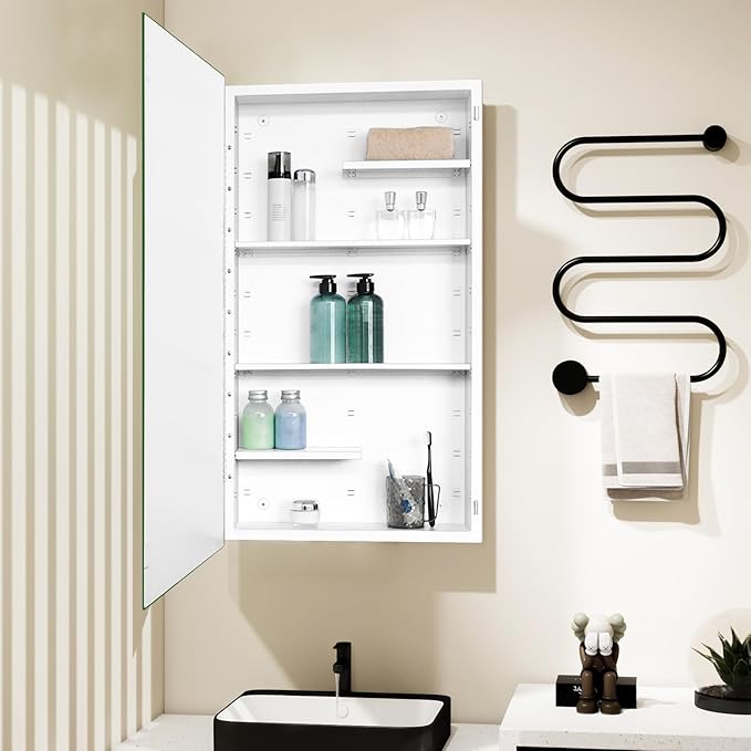 Fundin White Medicine Cabinet Recessed or Surface Mount, Bathroom Medicine Cabinet with 20 x 36 Mirror Size and Adjustable Staggered Shelves