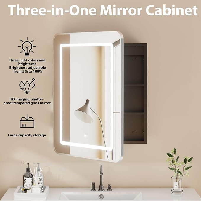 LOVMOR Led Medicine Cabinet with Mirror, Bathroom Vanity Mirror Cabinet with Shelves, 3-Color Lights Dimmer, Silver 30" H x 20" W