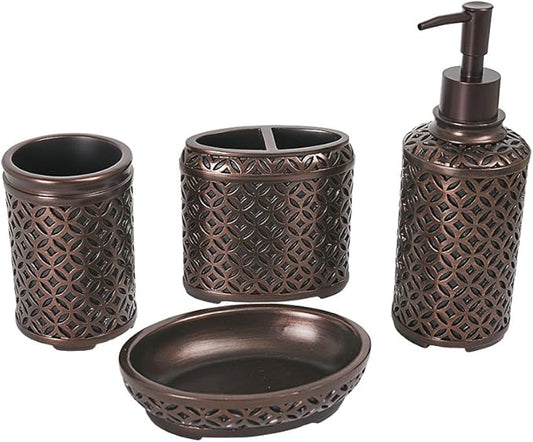 4-Piece Orbs Bathroom Accessories Set - Includes Toothbrush Holder, Tumbler, Soap Dish, Dispenser Pump - Simple Metal Design