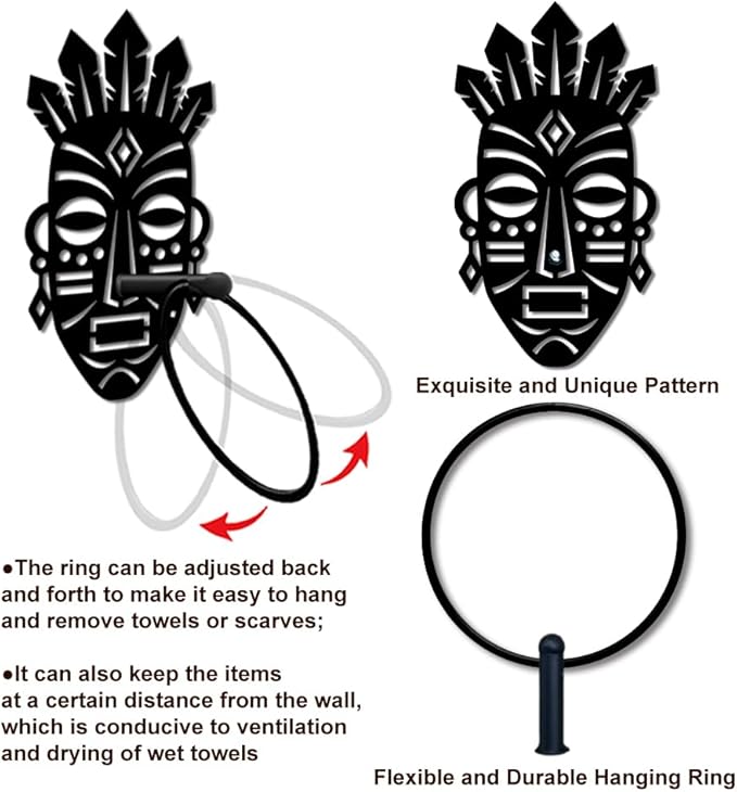 MAYJOYDIY Tribal Face Metal Towel Ring Round African Theme Hand Towel Holder Primitive Ring Hanger Wall Mount Black Vintage Towels Wall Organizer for Kitchen Bath Home Laundry Room Decors Gifts