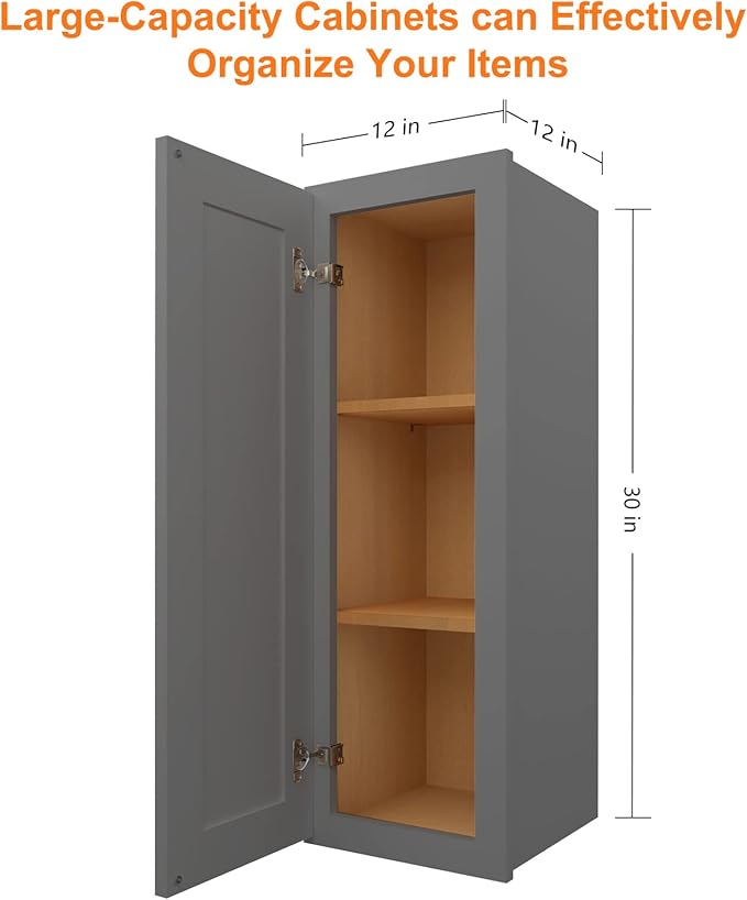 ROOMTEC Wood Wall Cabinet,RTA Single Door Medicine Cabinet with Adjustable Shelves and Soft-Close Door for Kitchen, Bathroom, and Laundry. 12" D*12" W*30" H, Shaker Grey