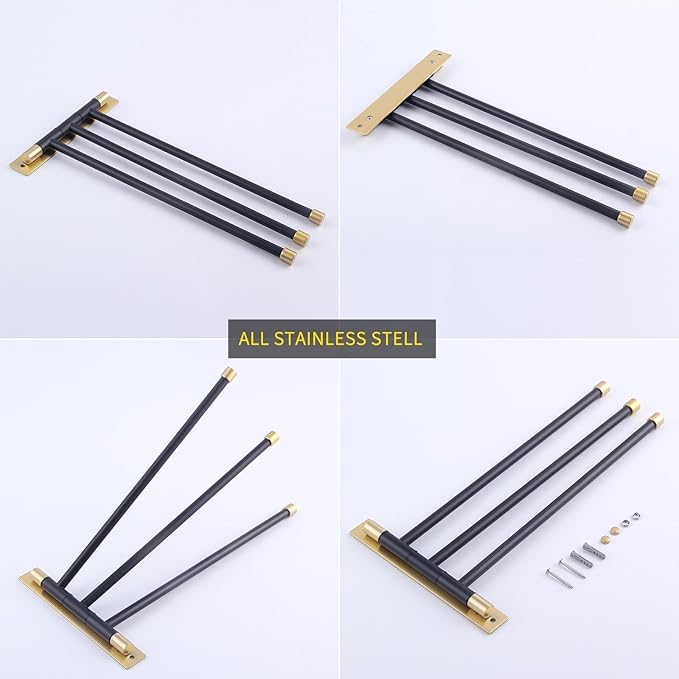 GERZWY SUS 304 Stainless Steel Bathroom Hand Towel Rack 3-Bar Folding Arm Swivel Hanger Bath Towel Holder Swing Out Towel Bar Wall Mount (Black & Gold) HYG03-BD