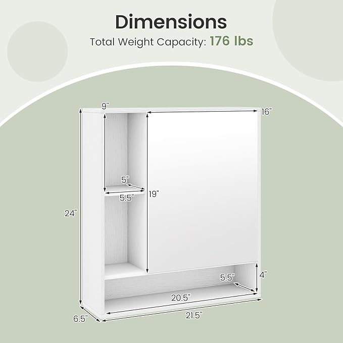 Giantex Bathroom Medicine Cabinet with Mirror, Wall Mounted Medicine Cabinet w/Single Door, 3 Open Shelves & Adjustable Shelf, Space-Saving Hanging Storage Cabinet for Living Room, Hallway (White)