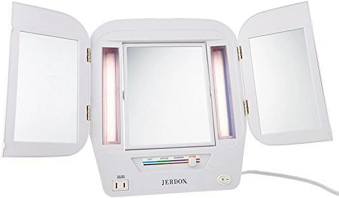 JERDON Modern Tri-Fold Makeup Mirror with Lights - Vanity Mirror with 5X Magnification & Multiple Light Settings - White Base - Model JGL10W