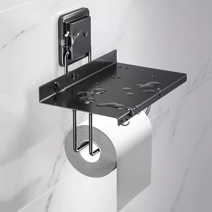 Bathroom Shelf, Stainless Steel Toilet Roll Holder, Modern Wall Mounted Toilet Roll Holder Rack with Shelf, No Drill Bathroom Tissue Rack Storage Dispenser,Wall Shelves for Bathroom(Black)