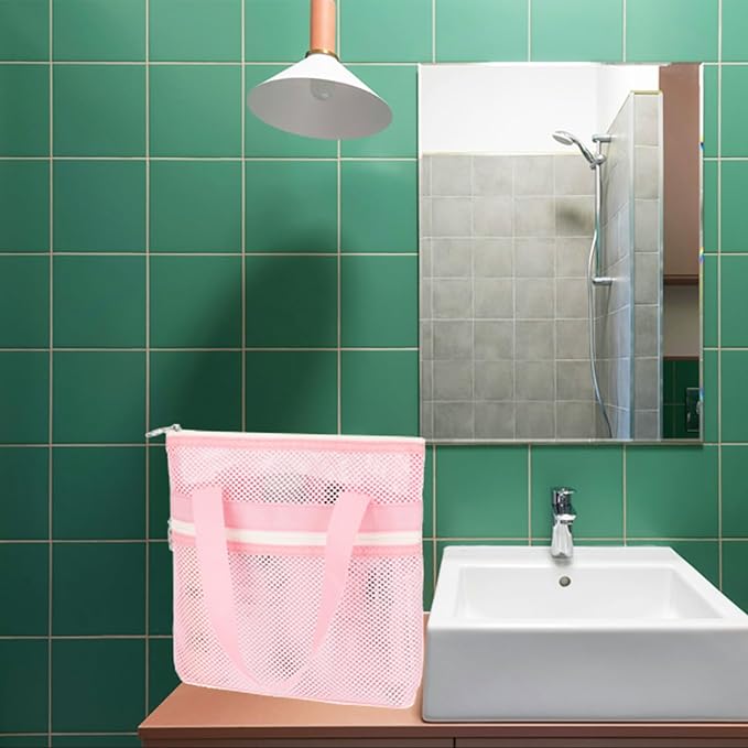 Fammart Mesh Shower Caddy Portable with Zipper & 2 Pockets - Quick Dry Shower Caddy Hanging for Travel Gym Camp Beach - Organizer Bag Bathroom Essentials for College Dorm