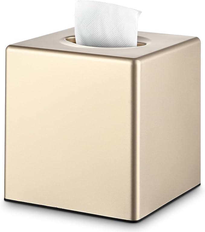 Y-in Hand Tissue Box Cover, Decorative Square Facial Storage Tissue Box Holder, Home Accessories for Bathroom Vanity Countertops, Dressers, Night Stand, Parlors and Office - Champagne Gold