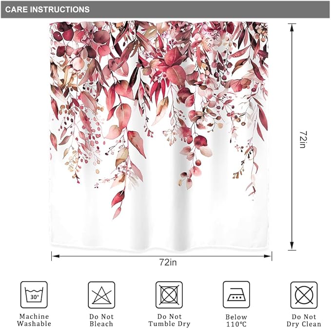 Riyidecor Burgundy Eucalyptus Leaves Shower Curtain for Bathroom Decor 72Wx72H Red Leaf Plants Botanical Leaf Floral Spring Herbs Art Printed Fabric Polyester Waterproof 12 Pack Plastic