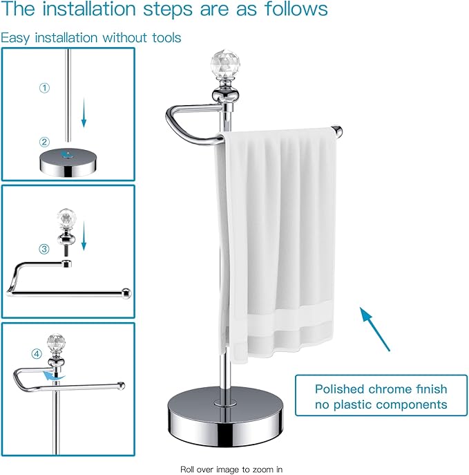 ROLABAM Heavy Weighted Towel Holder (with Crystal Ball) Standing Towel Holder - Total Height 15.7'' for Kitchen, Bathroom, Vanity - Classic Decorative Metal Hand Towel Stand, Polished Chrome