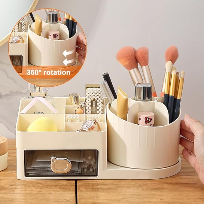 Dressing Table Organiser 360° Makeup Organiser Rotatable 2-in-1 Brush Holder Cosmetic Storage for Room Decor, Dressing Table, Bathroom and Bedroom (22.5 x 12 x 11 cm)