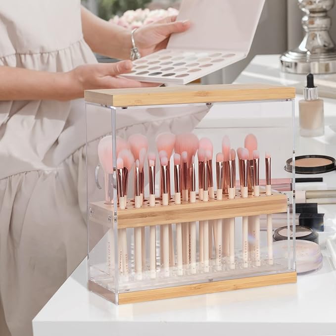 JACKCUBE DESIGN Bamboo Makeup Brush Holder Organizer With Transparent Drawer - 29 Holes Beauty Cosmetic Display Stand (8.77 x 3.38 x 8.46 Inches) - MK228C