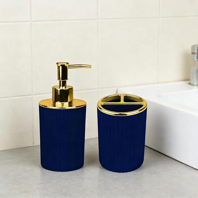 Bathroom Accessories Set, 2-Piece Navy Blue & Gold Soap Dispenser & Toothbrush Holder, Modern ABS Vanity Organizer for Countertop, Minimalist Bathroom Decor