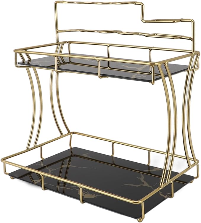 Double Layer Countertop Storage Rack, Bathroom Countertop Organizer with Electric Toothbrush Holder, Iron and Glass Counter Shelf for Toiletries and Cosmetics (Black Background Gold Grain)