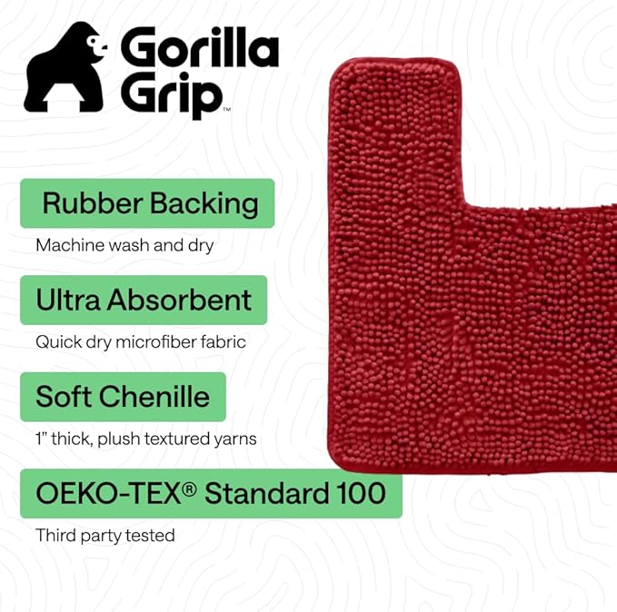 GORILLA GRIP Plush Absorbent Shaggy Chenille Bath Rug Mat for Square Toilet Base with Rubber Backing, Machine Washable Rugs, Soft Microfiber Contour Mats for Toilets, Bathroom Decor, Red