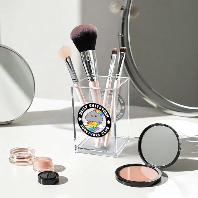 Daily Sh!tstorm Survivors Club Acrylic Cosmetic Pencil Pen Holder Cup, Funny Rainbow Storm Cloud Desk Organizer Accessory for Home Office Decor, Humor Sarcastic Work Gifts for Women Men Coworker
